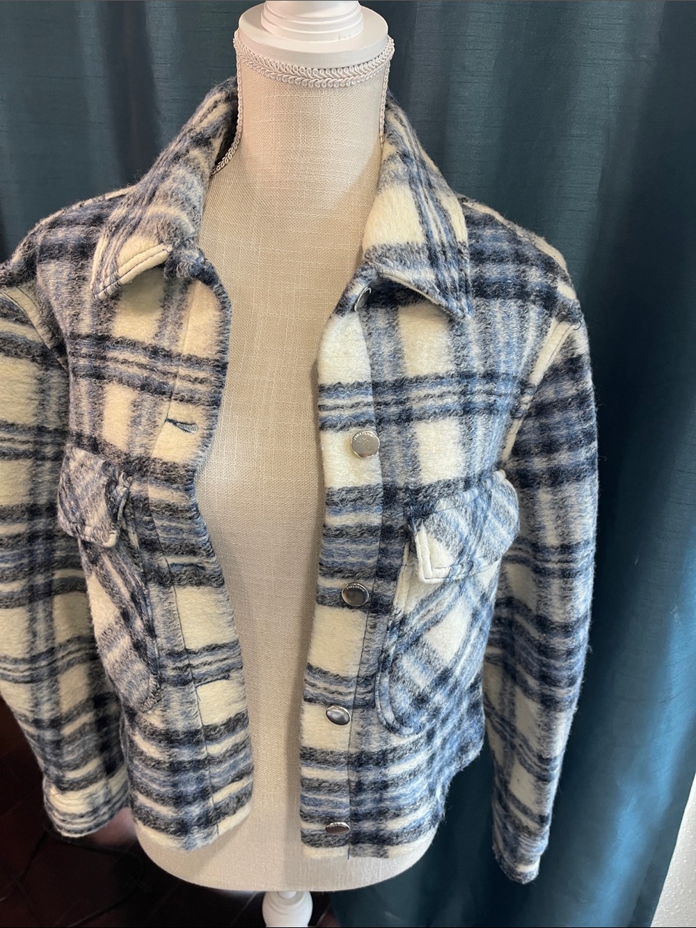 Zara Cream and Navy Plaid Wool-Blend Jacket